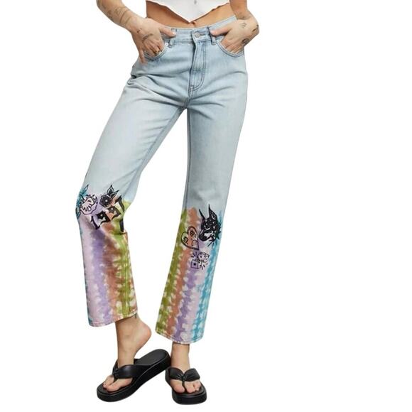 BDG Urban Outfitters High Rise 90s Cowboy Jean Graffiti Tie Dye Size 27 - Picture 1 of 16